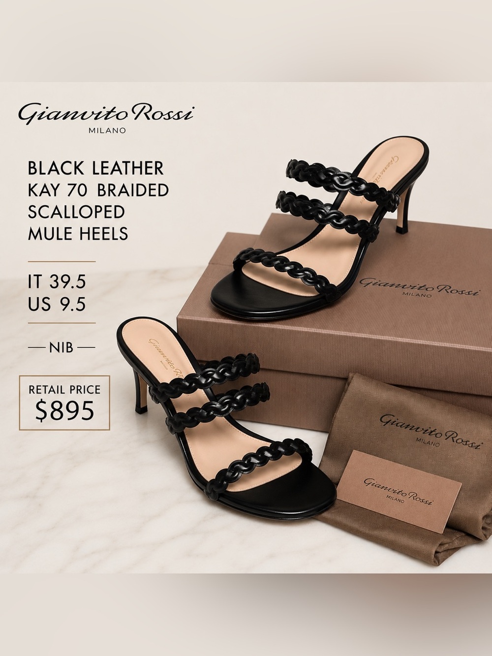 Gianvito Rossi Black Leather Kay 70 Braided Scalloped Mule Heels 39.5
US9.5 NIB
